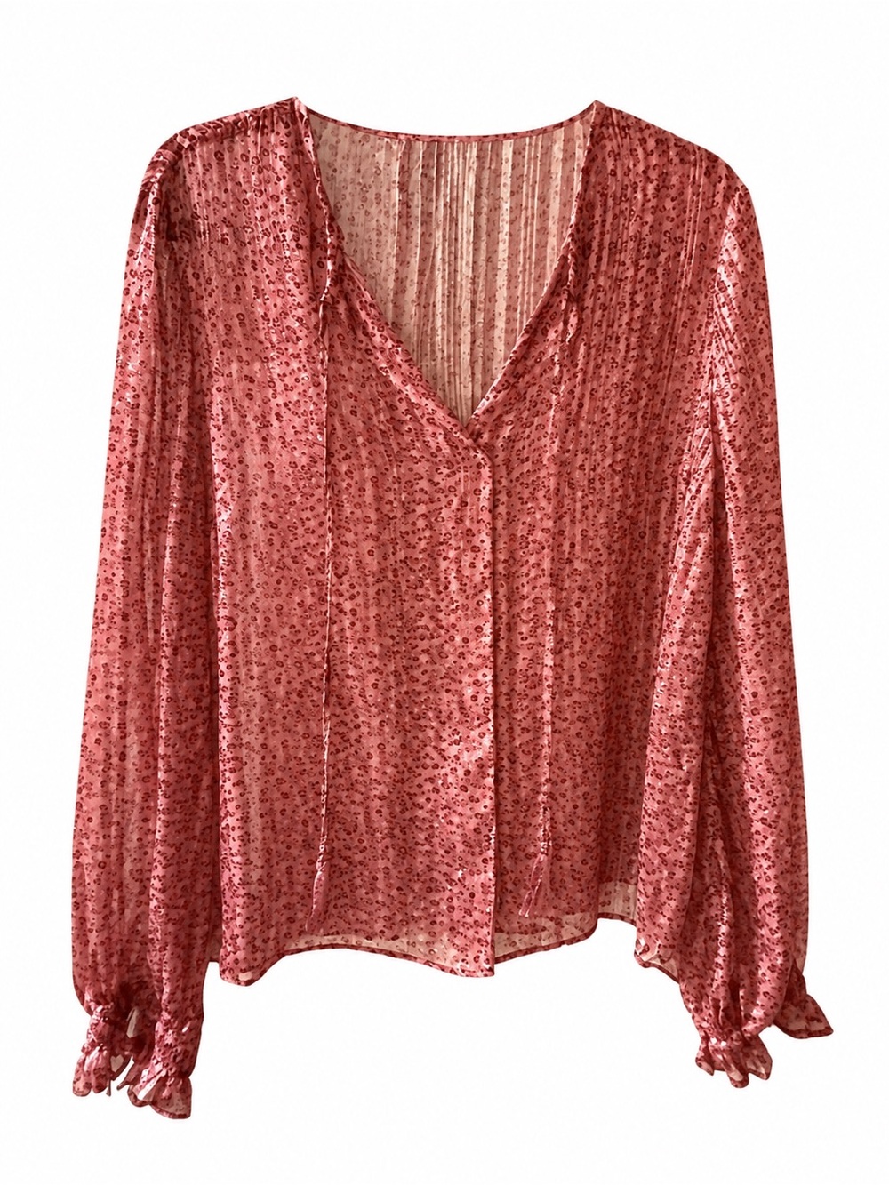 Derek Lam Rose Pink Satin Floral V-Neck Blouse